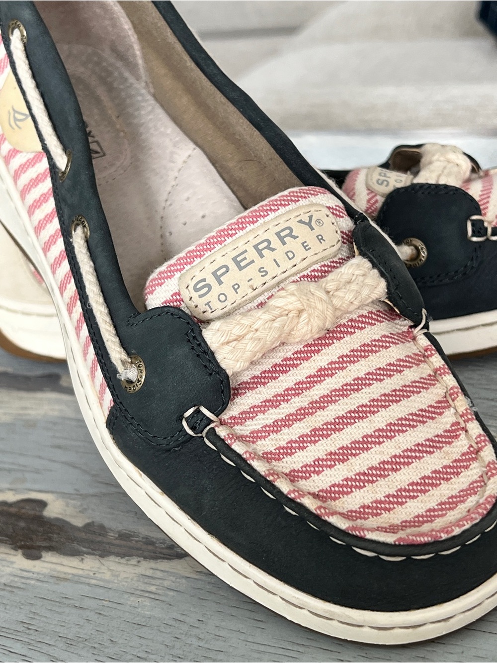 Sperry Navy Leather & Pink Striped Canvas Boat Shoes - Picture 7 of 7